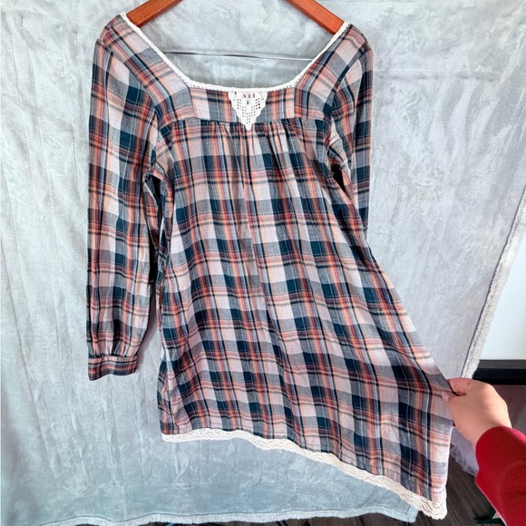 Plaid Lace Trim Tunic Dress Square Neck Long Sleeve Size Small with pockets - Picture 4 of 6
